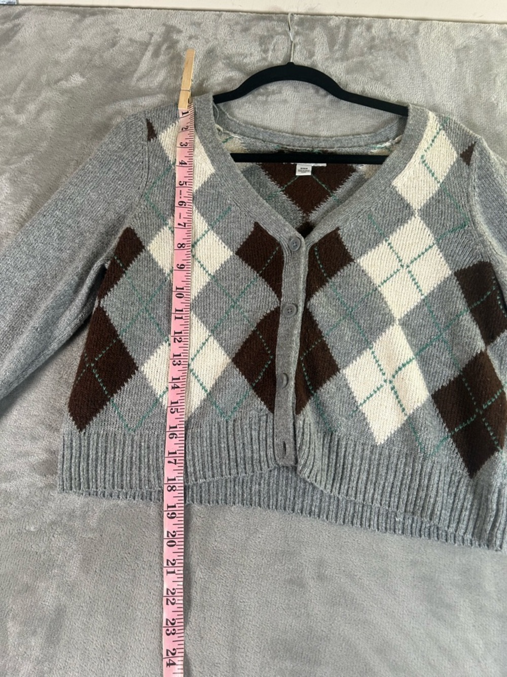 American Eagle Outfitters Cropped Argyle Button-Front Sweater - Gray/Brown/Cream - Picture 9 of 9